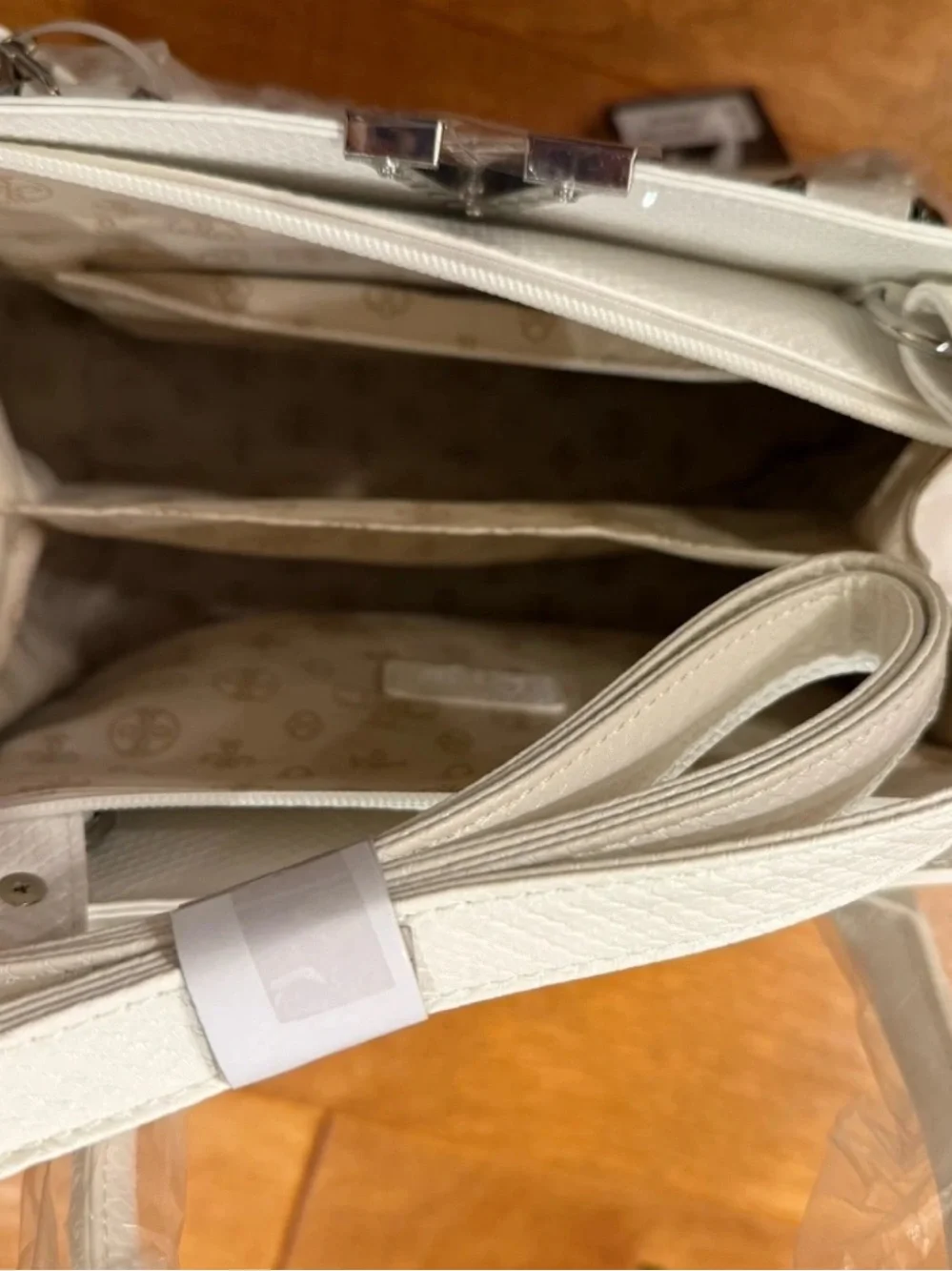 CROSSI Satchel White Logos Top Handle Zip Bag Detach Strap White 12”x9” NWT